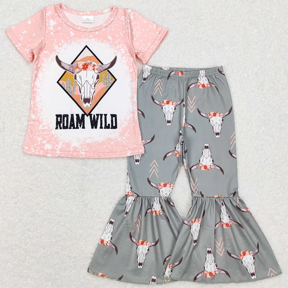 Baby Girls Clothes Cow Skull Cactus Short Sleeve Bell Pants Sets