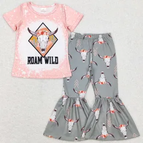 Baby Girls Clothes Cow Skull Cactus Short Sleeve Bell Pants Sets