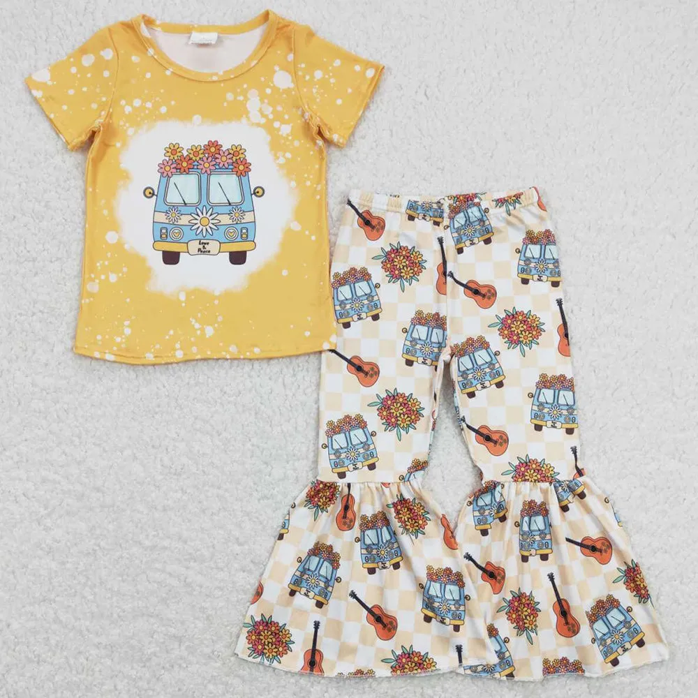 Baby Girls Clothes Flowers Guitar Bus Shirts Bell Pants Sets GSPO1369