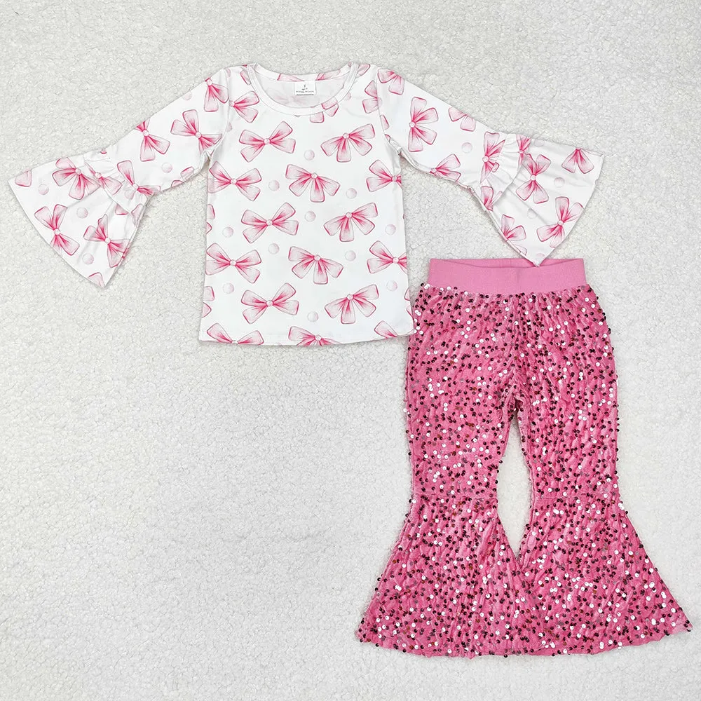 Baby Girls Clothes Pink Bows Tops Sequin Bell Pants Sets GLP1991