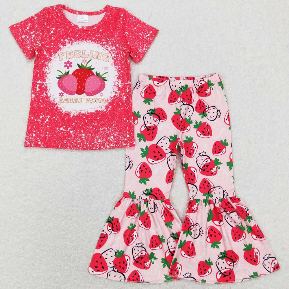 Baby Girls Clothes Strawberry Tee Shirts Bell Bottom Pants Sets GSPO0906