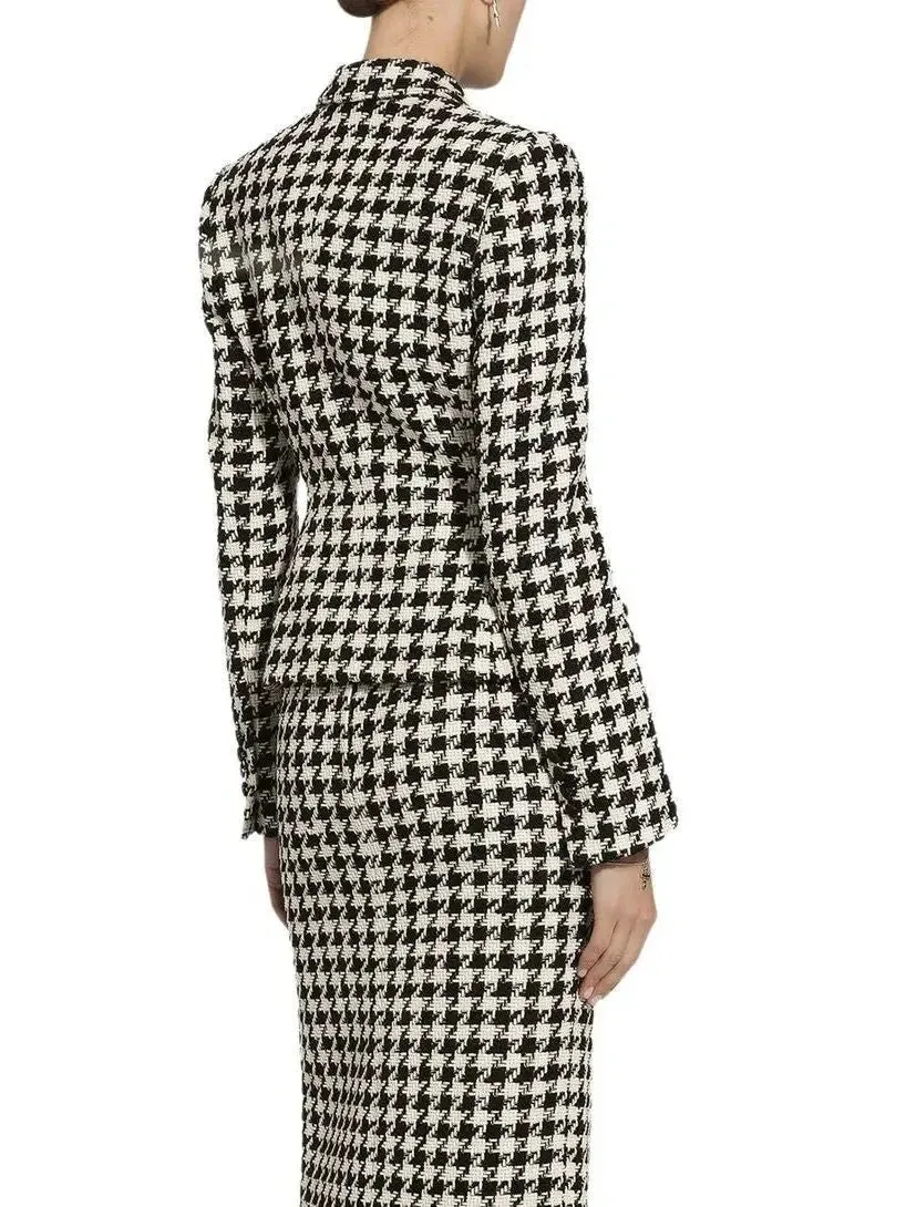 Black and White Houndstooth Double-Breasted Blazer Jacket