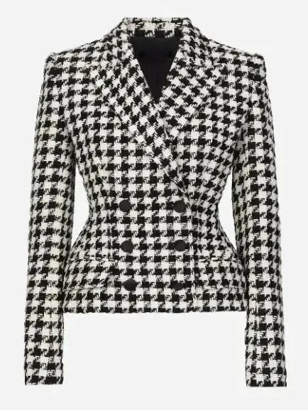 Black and White Houndstooth Double-Breasted Blazer Jacket