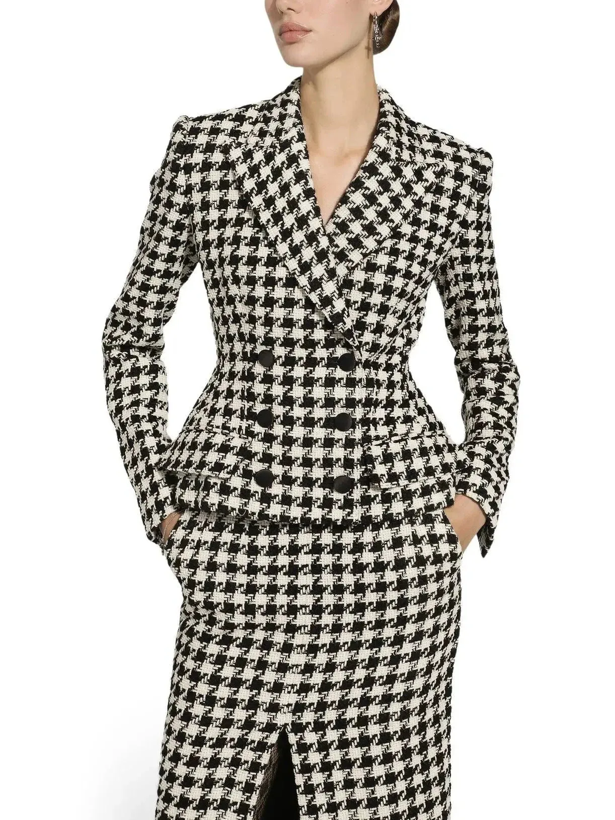 Black and White Houndstooth Double-Breasted Blazer Jacket