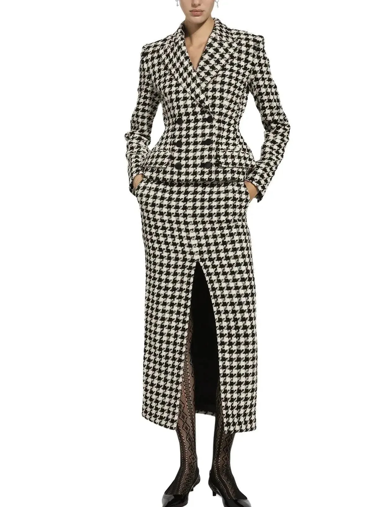 Black and White Houndstooth Double-Breasted Blazer Jacket