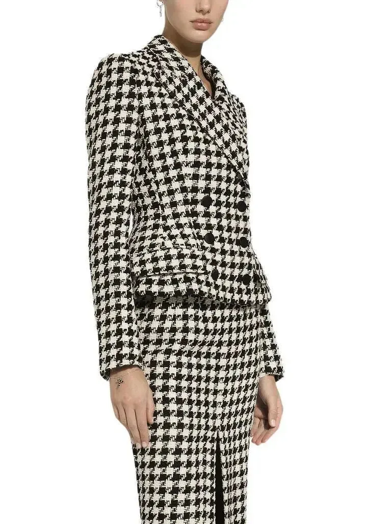 Black and White Houndstooth Double-Breasted Blazer Jacket