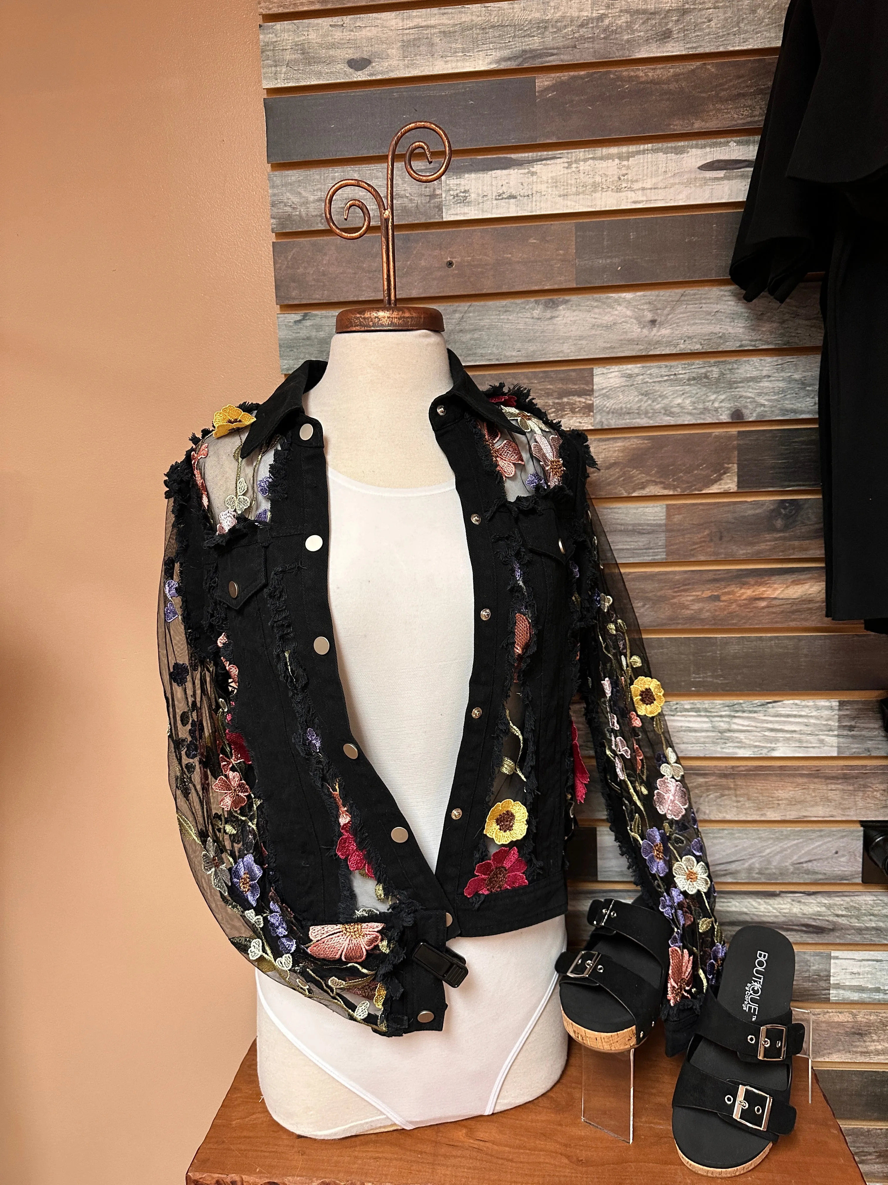 Black Denim Lace Jacket with Floral Embroidery