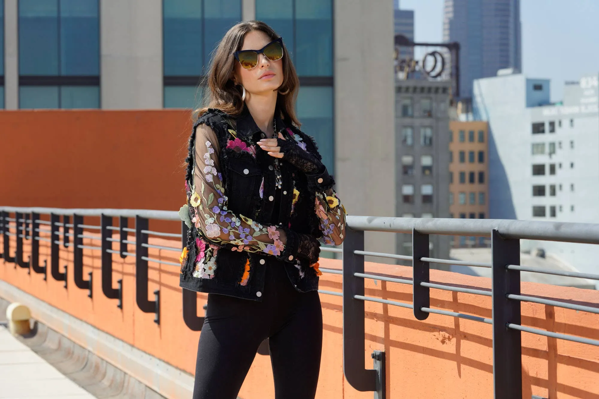 Black Denim Lace Jacket with Floral Embroidery