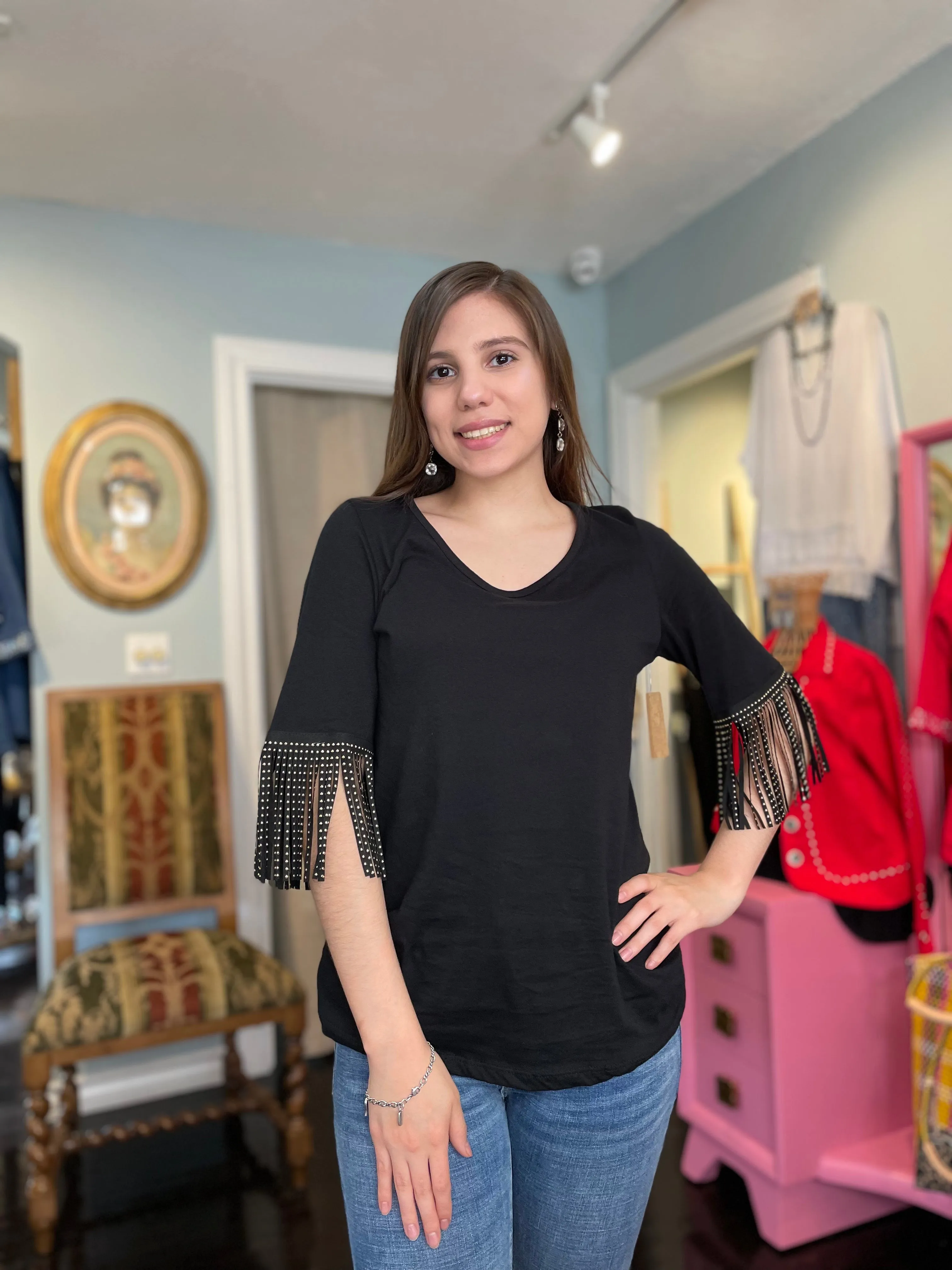 Black Short Sleeve Knit Top w/ Fringed Sleeve Details