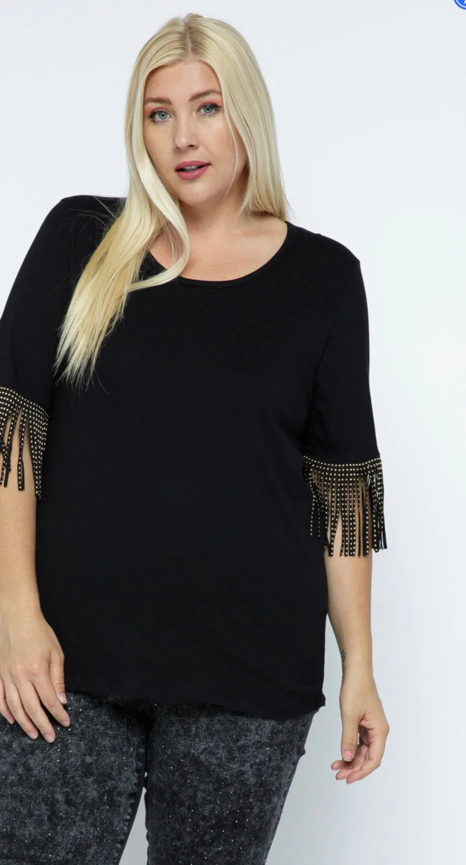 Black Short Sleeve Knit Top w/ Fringed Sleeve Details