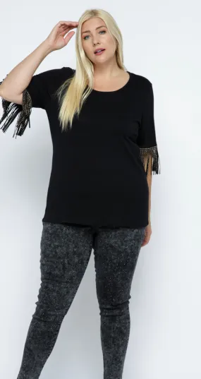 Black Short Sleeve Knit Top w/ Fringed Sleeve Details