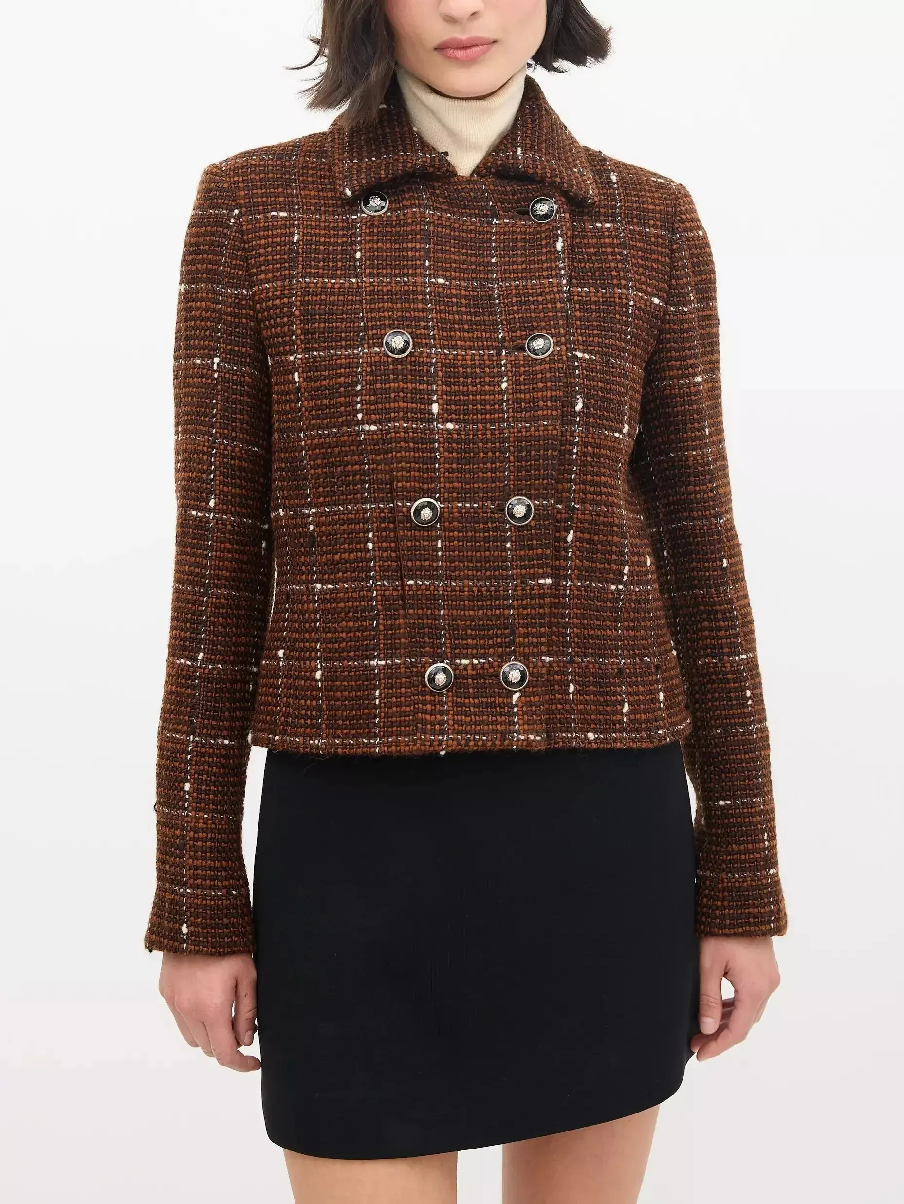 Brown with White Woven Wool Tweed Double-Breasted Jacket