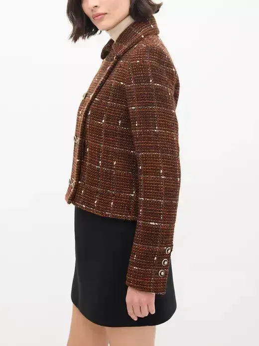 Brown with White Woven Wool Tweed Double-Breasted Jacket