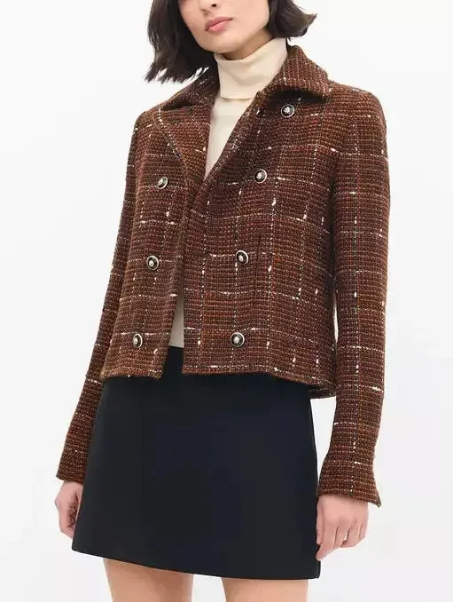 Brown with White Woven Wool Tweed Double-Breasted Jacket