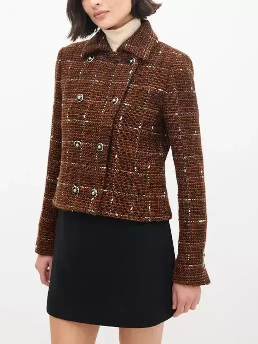 Brown with White Woven Wool Tweed Double-Breasted Jacket