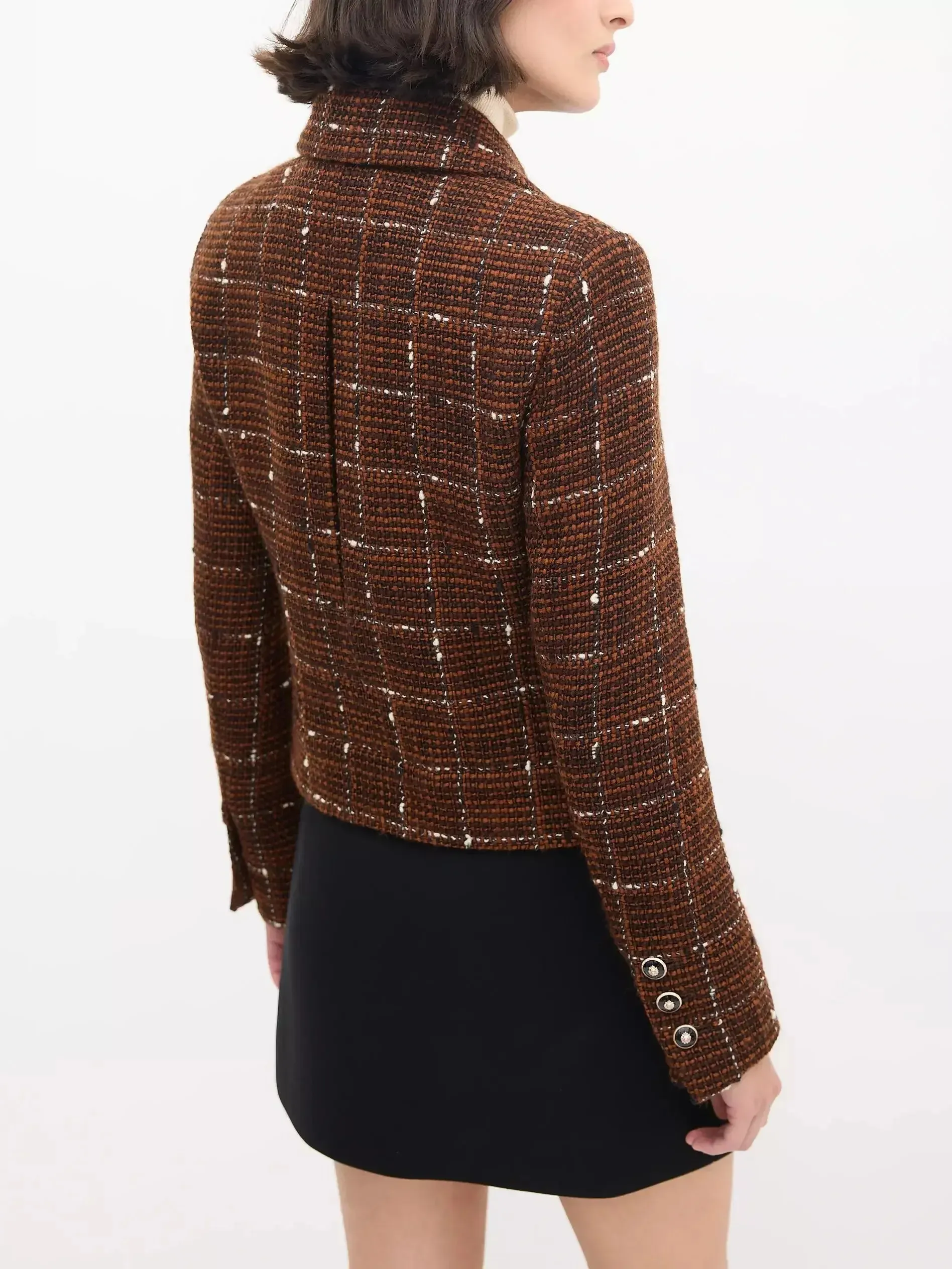 Brown with White Woven Wool Tweed Double-Breasted Jacket