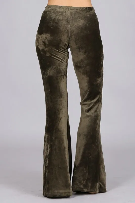 Chatoyant Stretchy Velour Bell Bottom Pants - Dark Olive