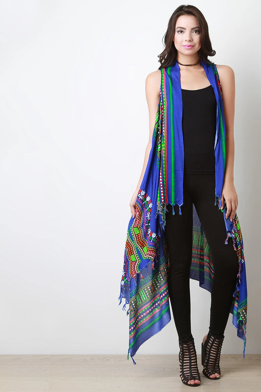 Colorful African Tribal Print Fringe Vest