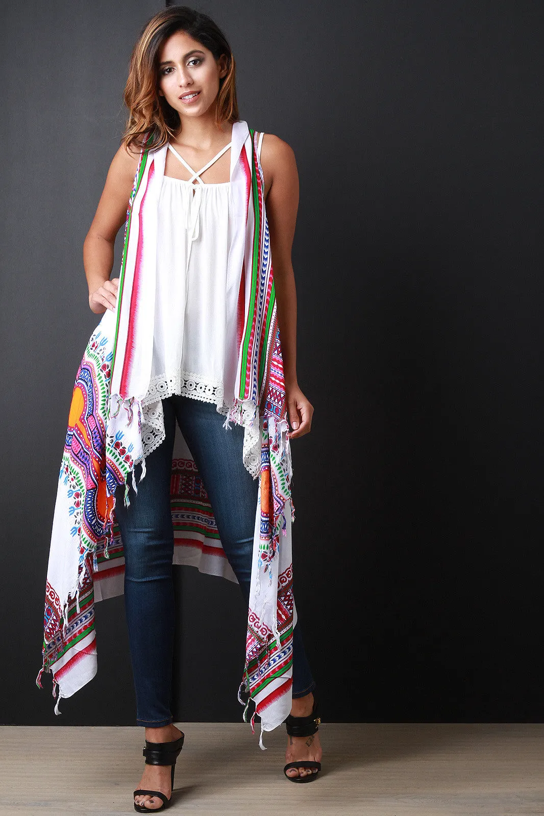 Colorful African Tribal Print Fringe Vest