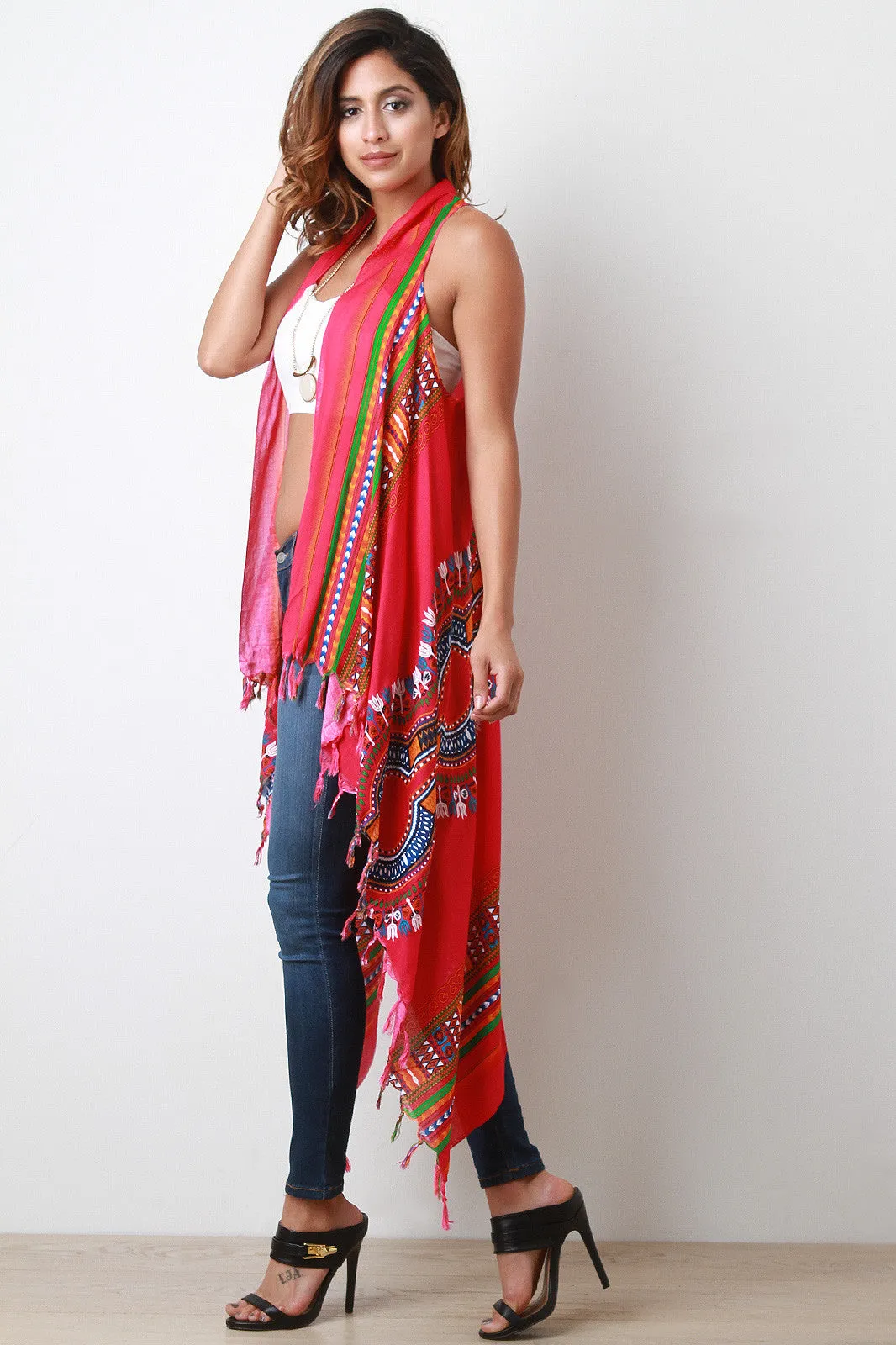 Colorful African Tribal Print Fringe Vest