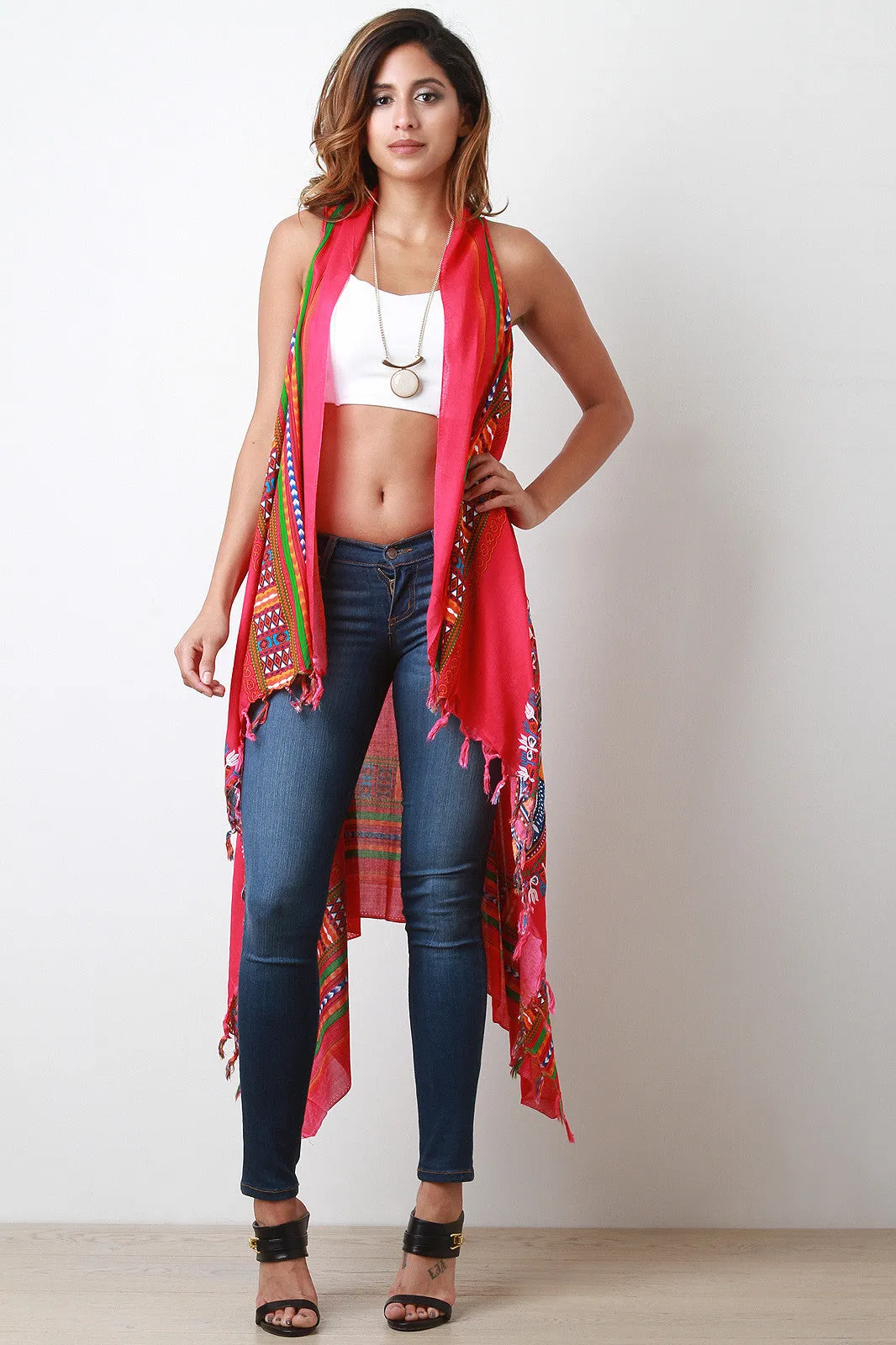 Colorful African Tribal Print Fringe Vest