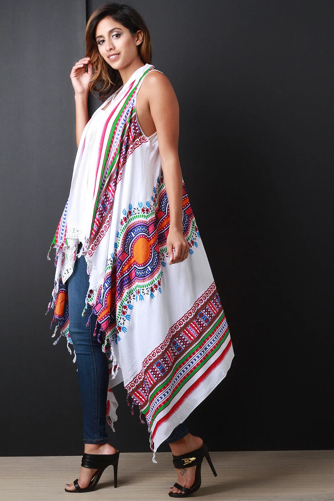 Colorful African Tribal Print Fringe Vest