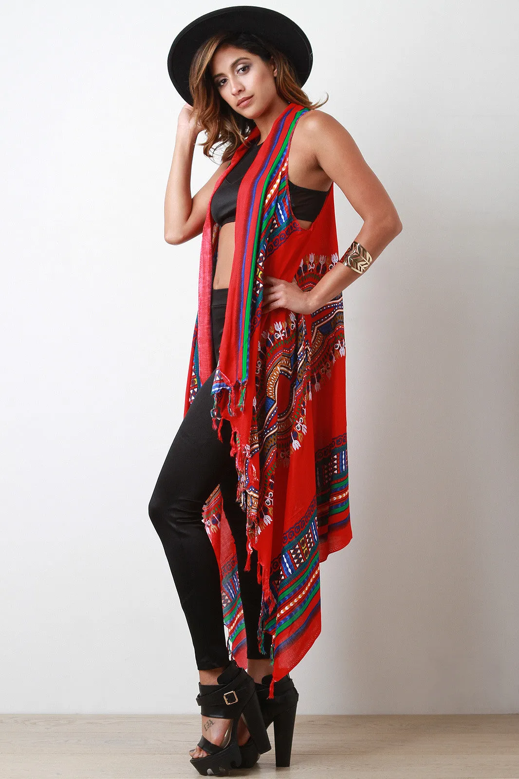 Colorful African Tribal Print Fringe Vest