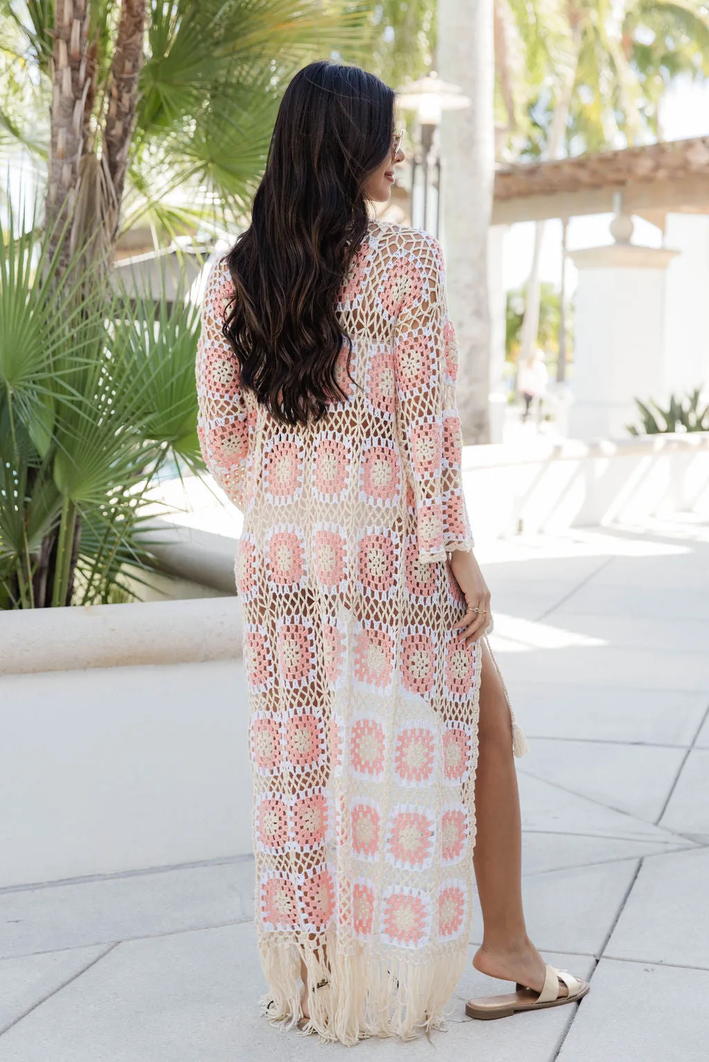 Daydreaming Away Ivory and Pink Crochet Fringe Hem Long Cardigan FINAL SALE