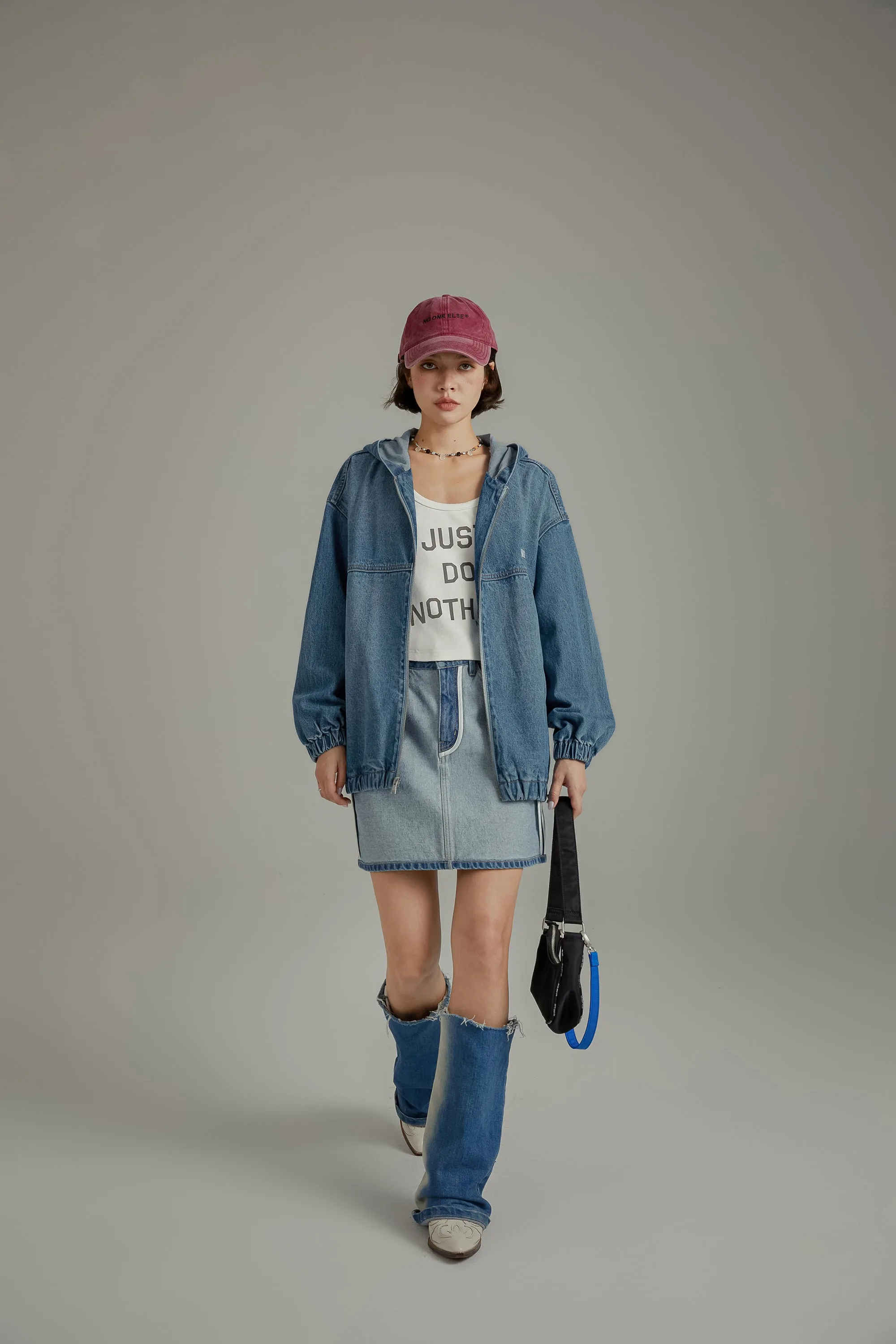 Embroidered Letter Denim Hooded Jacket