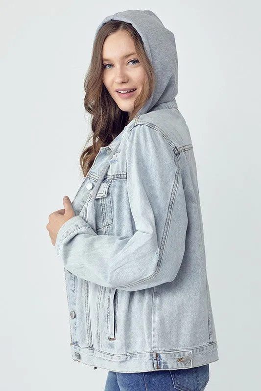 Full Size Distressed Drawstring Hooded Denim Jacket