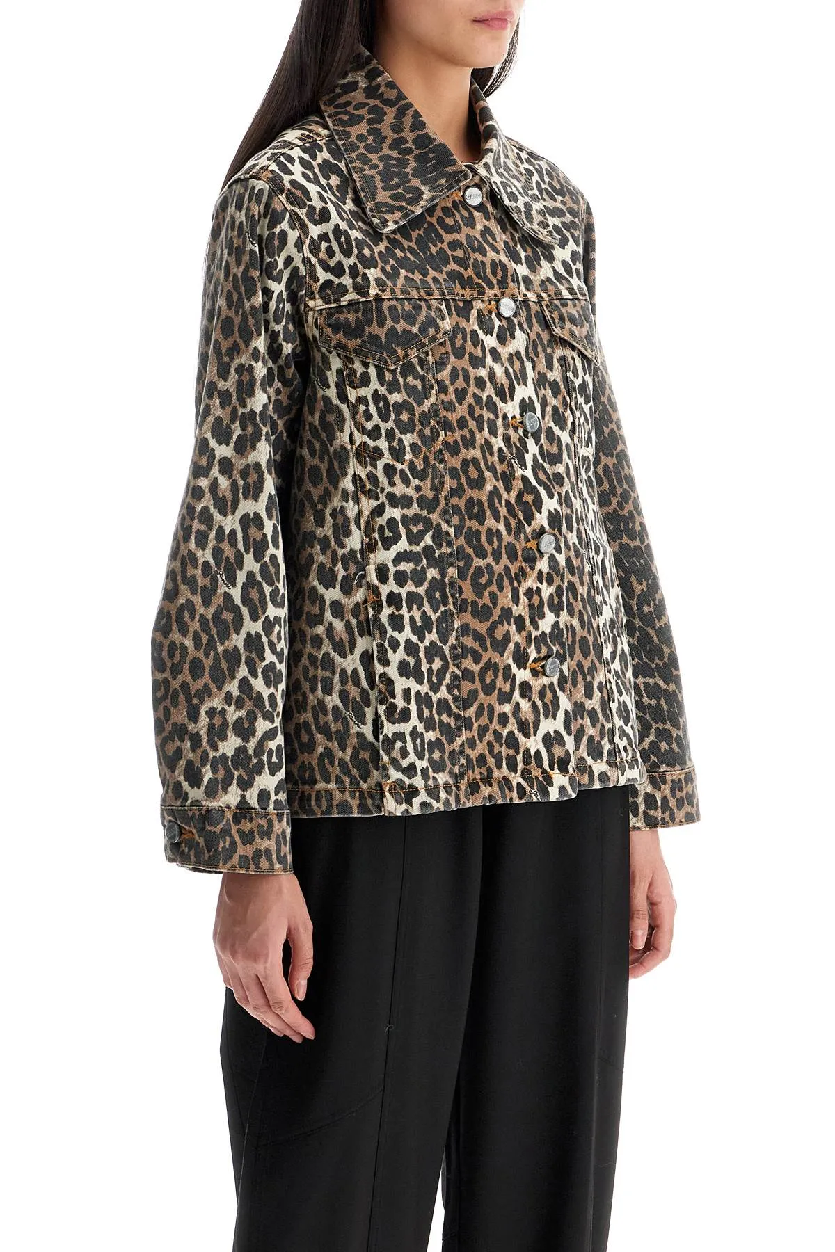 Ganni Leopard Print Denim Jacket