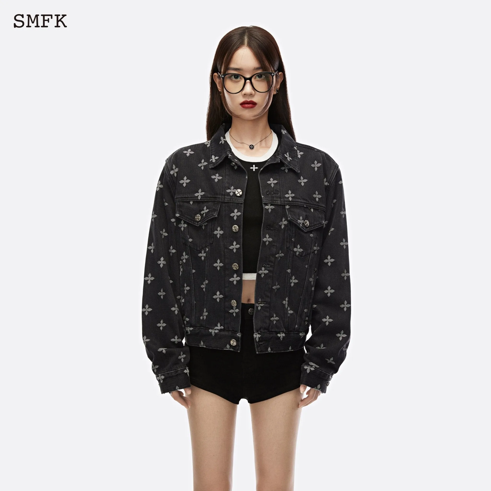 Garden Jacquard Denim Short Jacket Black