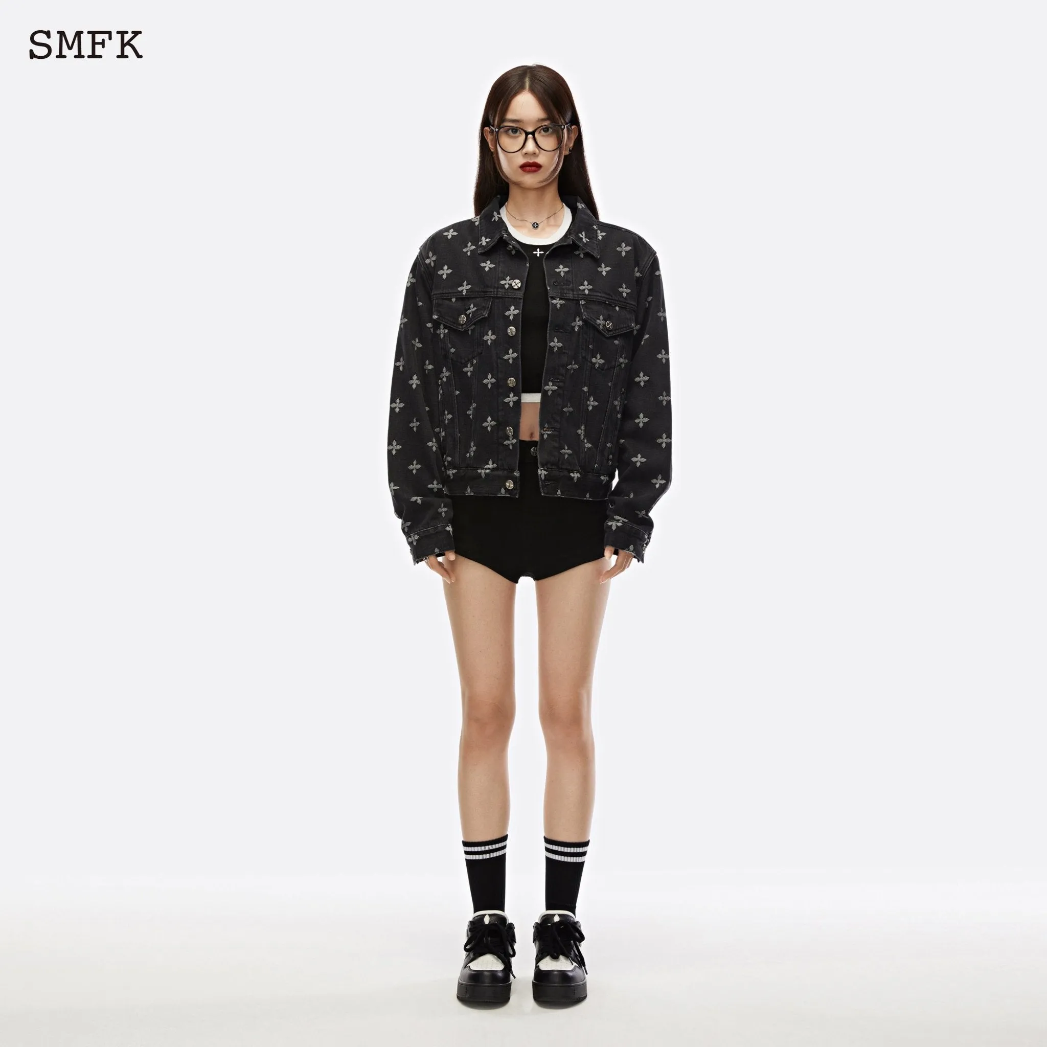 Garden Jacquard Denim Short Jacket Black