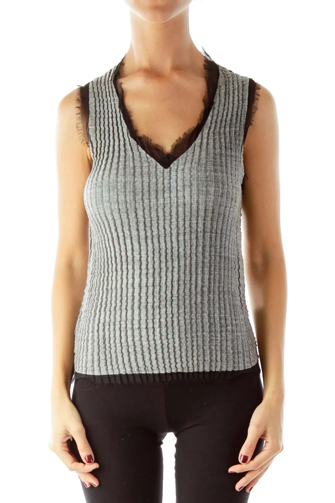 Gray Fitted Tank Top With Black Fringe