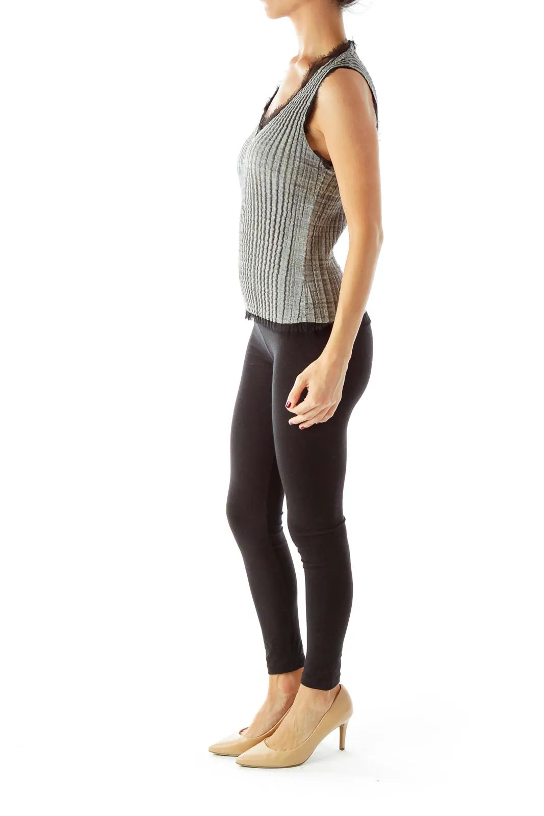 Gray Fitted Tank Top With Black Fringe