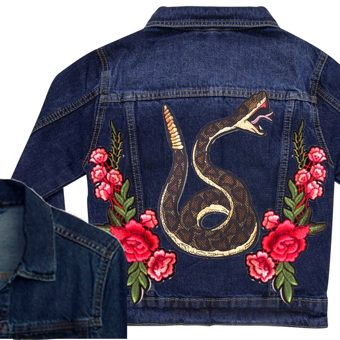 Green Snake and Roses Denim Jacket