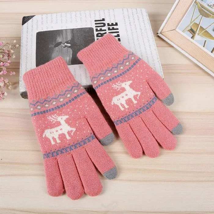 Jacquard Double Deer Pink Knit Gloves