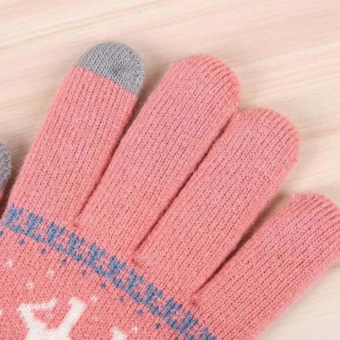 Jacquard Double Deer Pink Knit Gloves