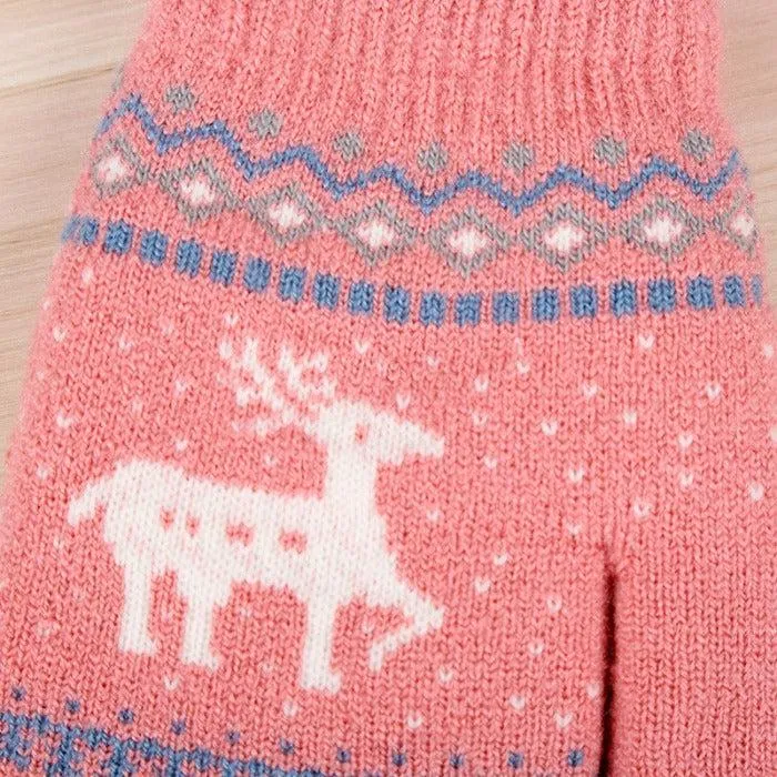 Jacquard Double Deer Pink Knit Gloves