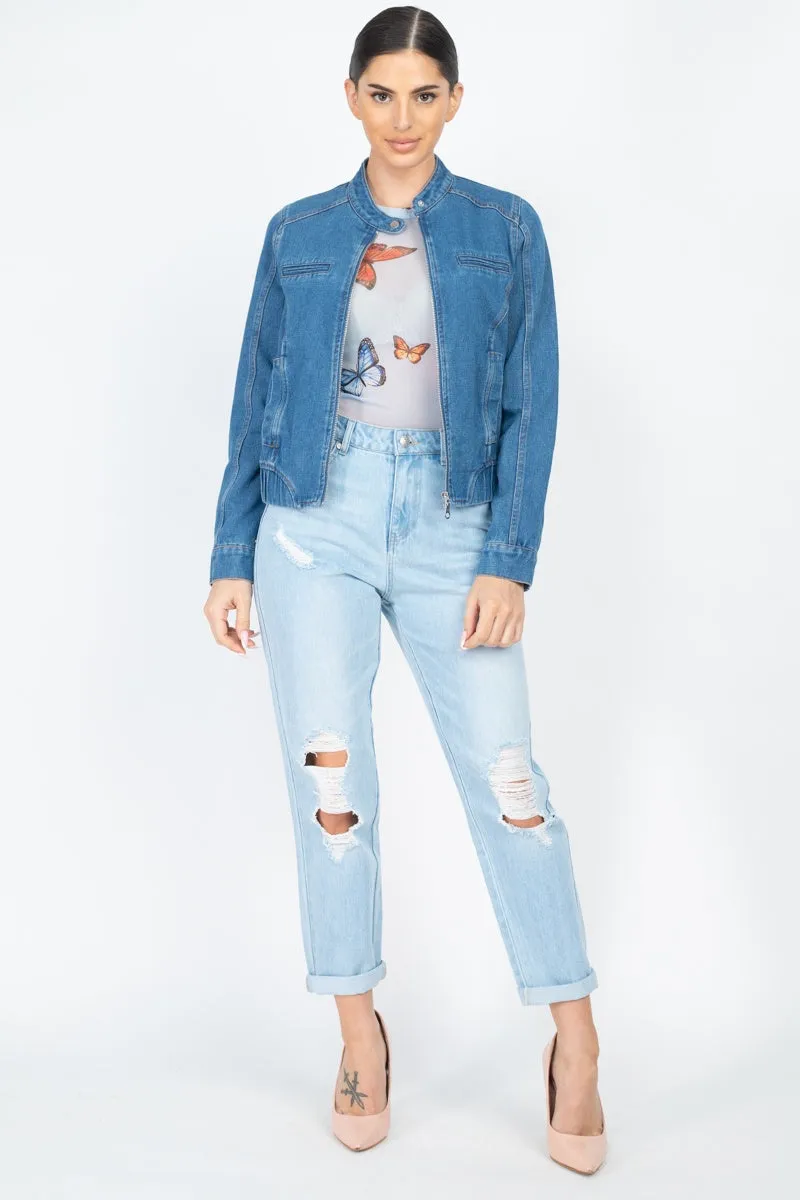 Long Sleeves Funnel Neck Denim Jackets