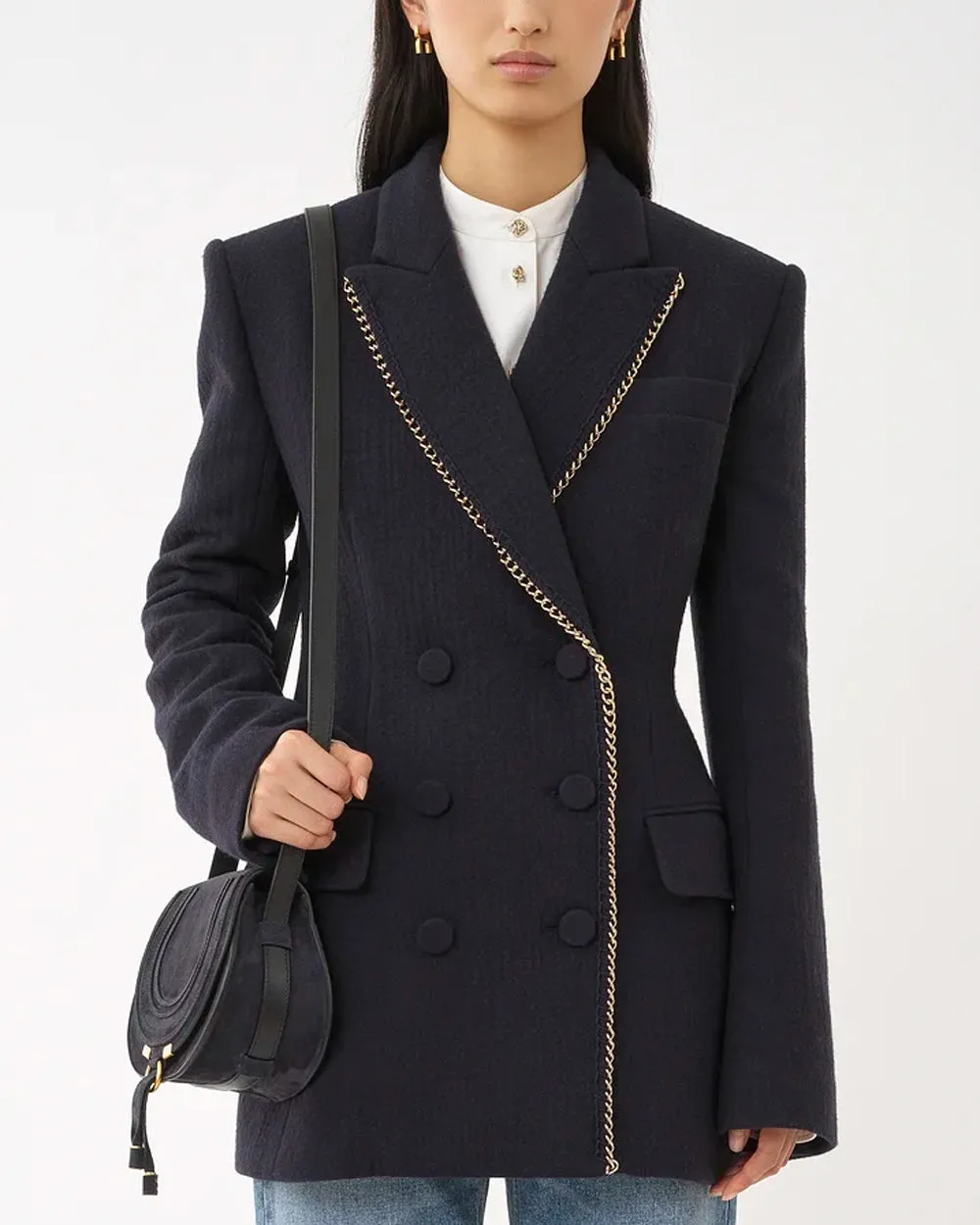 Navy Ink Chain Trim Double Breasted Blazer