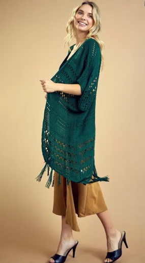 Open Front Fringe Cardigan in Pine