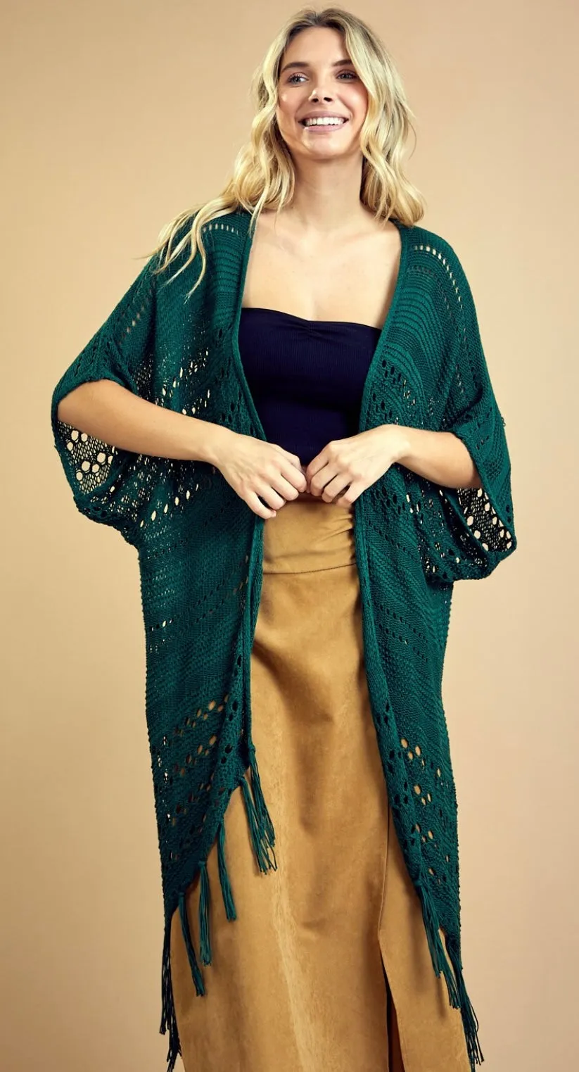 Open Front Fringe Cardigan in Pine