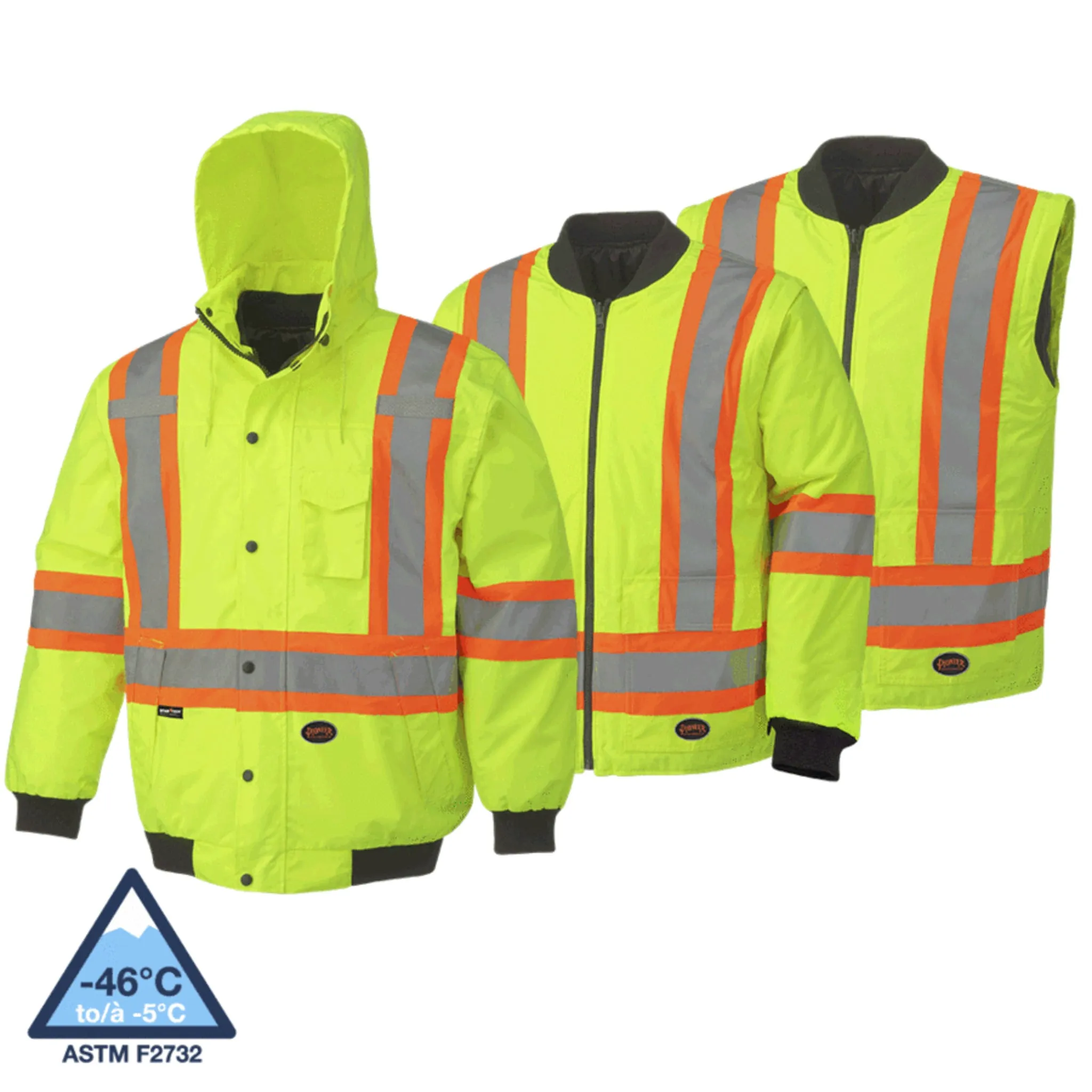 Pioneer Men's Hi Vis 6-in-1 Winter Work Bomber, CSA Certified, Reflective Stripes, Water & Windproof, 300D Poly, Versatile Safety | Sizes XS-5XL