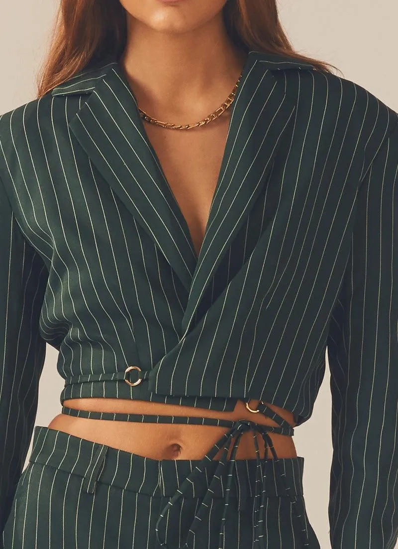 Pursuit of Happiness Cropped Blazer - Green Pinstripe