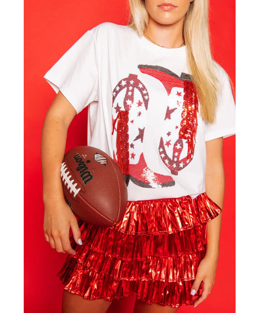 Queen of Sparkles - Red & White Fringe Boot Tee