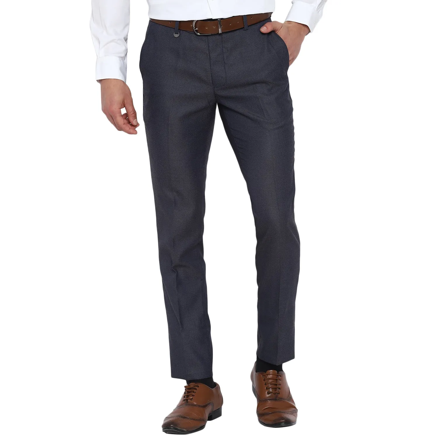 Rayon Navy Blue Self Desing Slim Fit Trouser