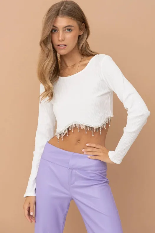 Ribbed Crop Bust Line Curve Rhinestone Fringe Top White