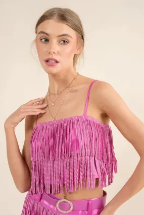 Satin Base Studded Tiered Fringe Cami Top Hot Pink