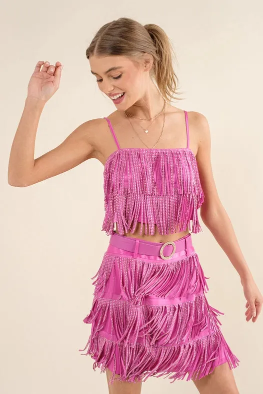 Satin Base Studded Tiered Fringe Cami Top Hot Pink